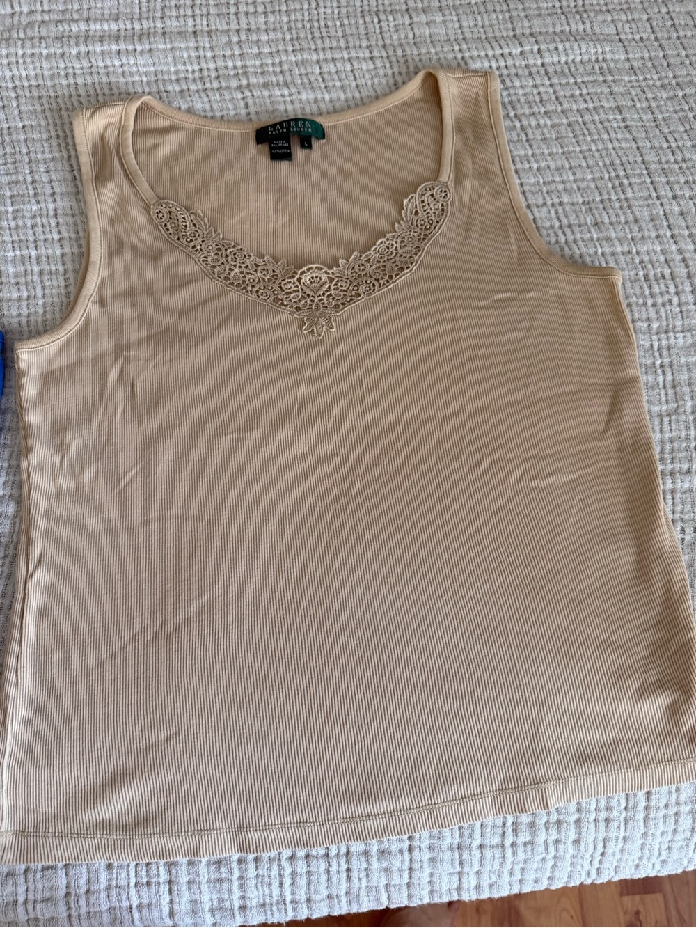 Lauren Ralph Lauren Beige Ribbed Tank with Lace Yoke